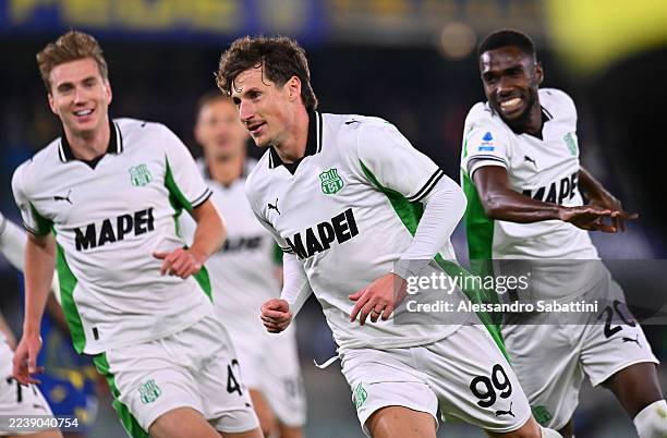 Andrea Pinamonti of Sassuolo celebrates scoring his team's first goal during the Serie A match between Hellas Verona FC and US Sassuolo Calcio at...