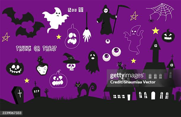 happy halloween colllection set with pumpkins, flying bats, moon elements design and more. - gothic house stock illustrations