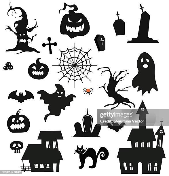 illustrations, cliparts, dessins animés et icônes de ensemble d’icônes de joyeux halloween avec des citrouilles, des chauves-souris volantes, des éléments de lune et plus encore sur fond blanc - cercueil