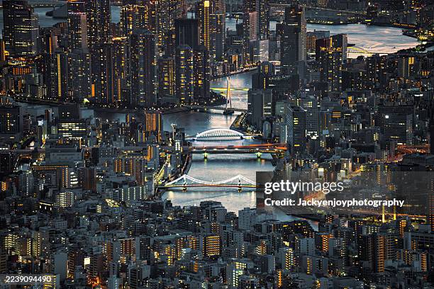 415 Aerial View Of City Streets And River Tokyo Japan Stock Photos
