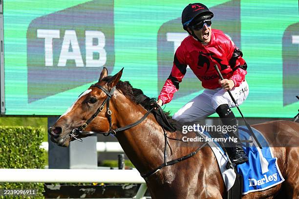 Tommy Berry riding Apocalyptic win Race 6 Darley Flight Stakes during Sydney Racing at Royal Randwick Racecourse on October 04, 2025 in Sydney,...
