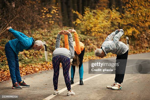 group of mature hiking through a forest. - sports activity stock pictures, royalty-free photos & images
