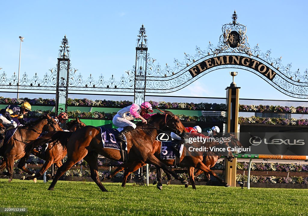 Melbourne Races Flash Michael Dee riding Media World wins Race 10 during Melbourne Racing ...