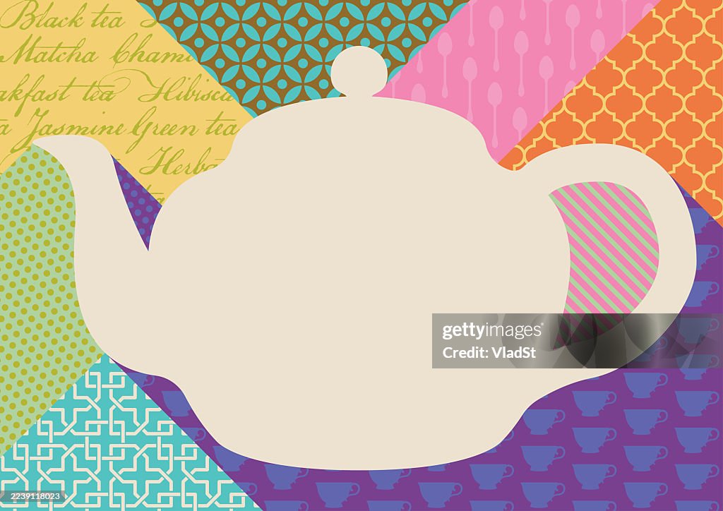 Teapot Collage Tea Pattern Design with Copy Space
