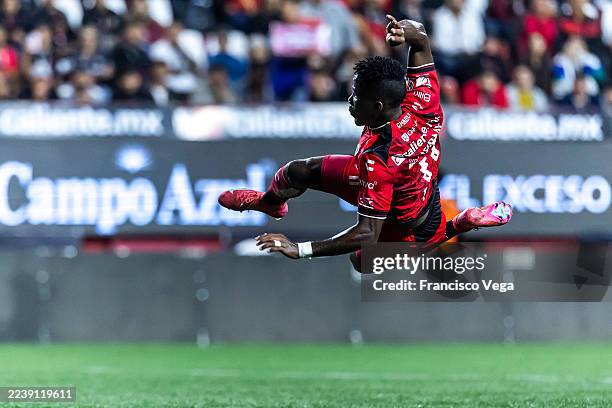 Adonis Preciado of Tijuana jump for the ball during the 12th round match between Tijuana and Monterrey as part of the Torneo Apertura 2025 Liga MX at...