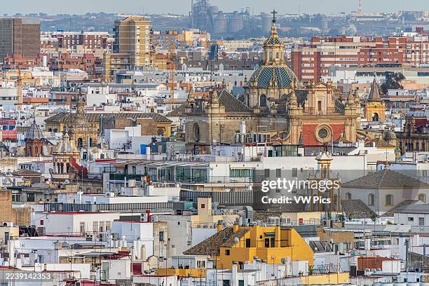 El Salvador Church stands prominently within the intricate skyline of Seville's central area.