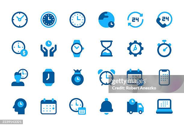 ilustrações de stock, clip art, desenhos animados e ícones de time and clock line icons. editable stroke. contains such icons as 24 hours, alarm clock, appointment, bell, calendar, countdown, date, deadline, delivery. - aberto 24 horas