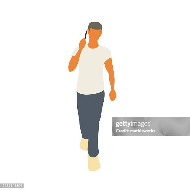 casual man on phone walking - looking down at camera stock illustrations