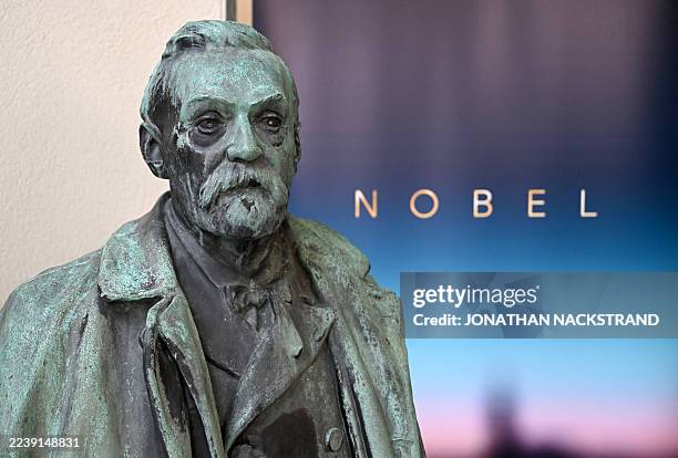 Bust of Swedish chemist, inventor and businessman Alfred Nobel, founder and namesake of the Nobel Prizes, is pictured on October 6, 2025 at the...