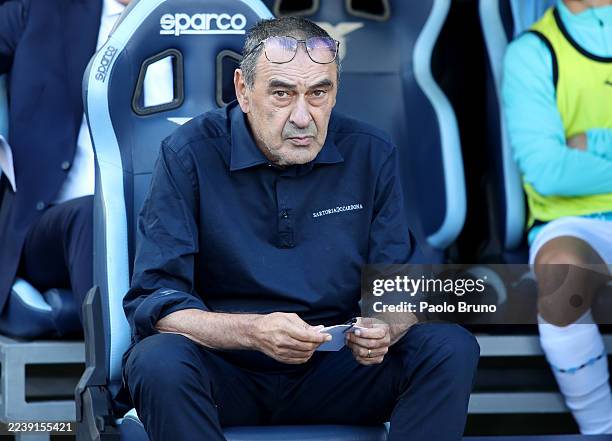Maurizio Sarri, Head Coach of Lazio looks on prior to the Serie A match between SS Lazio and Torino FC at Stadio Olimpico on October 04, 2025 in...