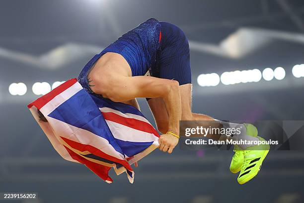 Silver medallist Jonathan Broom-Edwards of Team Great Britain celebrates following the Men’s High Jump - T64 Final during day eight of the World Para...