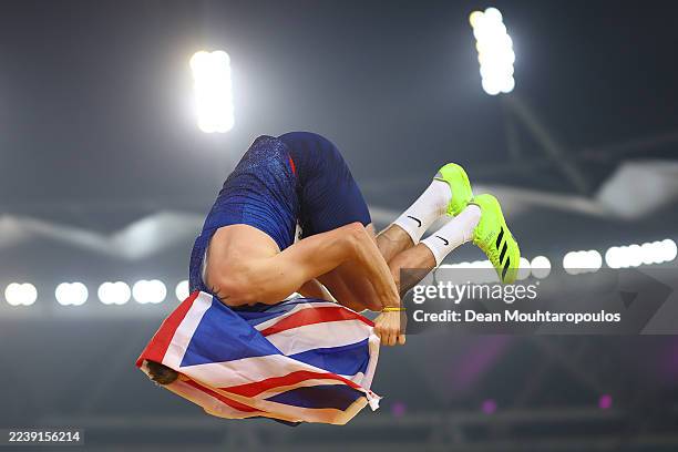 Silver medallist Jonathan Broom-Edwards of Team Great Britain celebrates following the Men’s High Jump - T64 Final during day eight of the World Para...