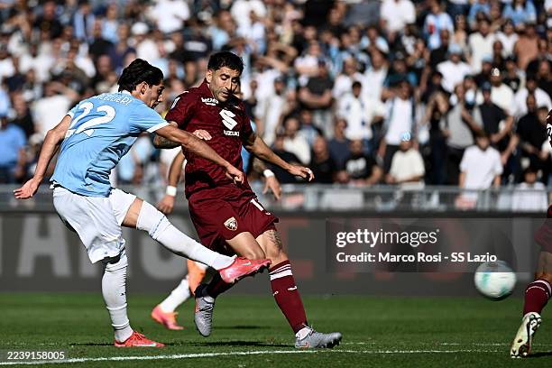 Matteo Cancellieri of SS Lazio scores the first goal during the Serie A match between SS Lazio and Torino FC at Stadio Olimpico on October 04, 2025...
