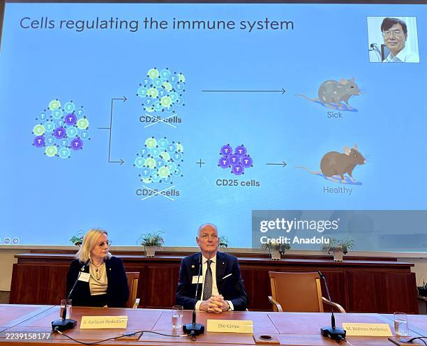 Gunilla Karlsson Hedestam and Olle Kampe , members of the Nobel Assembly at Karolinska Institutet, sit during a press conference where the winners of...