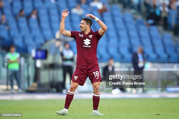 Giovanni Simeone of Torino celebrates team's second goal, scored by Che Adams during the Serie A match between SS Lazio and Torino FC at Stadio...
