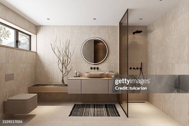 minimalist japandi bathroom interior with natural stone and wooden - modern stockfoto's en -beelden