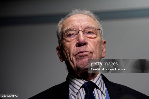 Senate Judiciary Committee Chairman Sen. Chuck Grassley speaks to reporters on Capitol Hill on October 6, 2025 in Washington, DC. Grassley has...