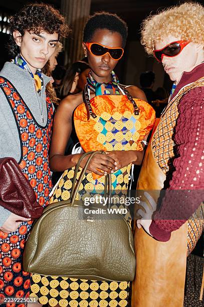 Backstage at the Miu Miu fashion show as part of Spring/Summer 2026 Paris Fashion Week held at Palais d'Iena on October 06, 2025 in Paris, France.