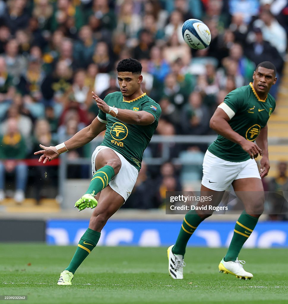 Rocco Rocha Sacha Feinberg-Mngomezulu of the South Africa Springboks kicks the ...