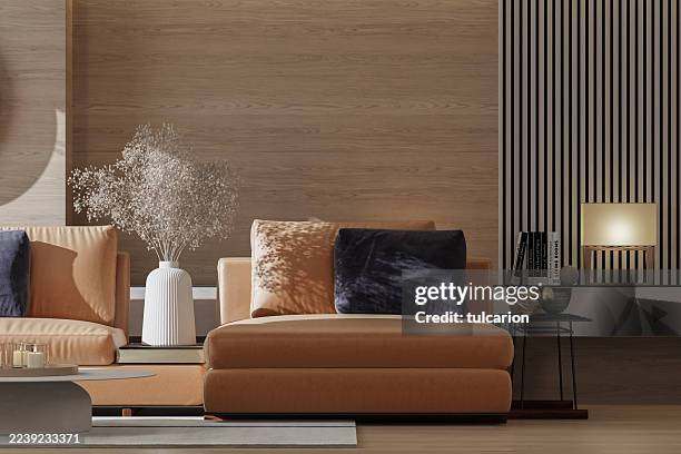 salón japandi con diseño minimalista y luz natural - vida sencilla fotografías e imágenes de stock