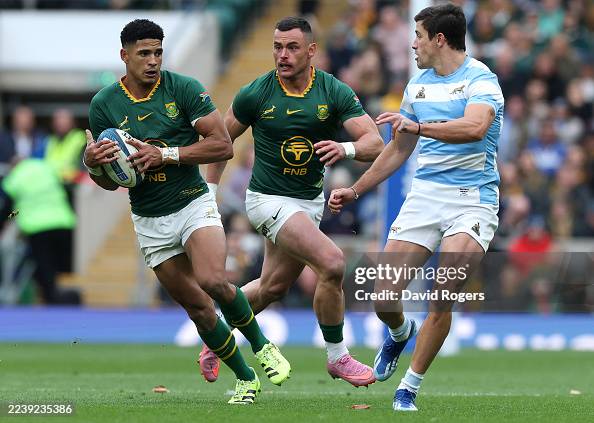 Rocco Rocha Sacha Feinberg-Mngomezulu of the South Africa Springboks charges ...