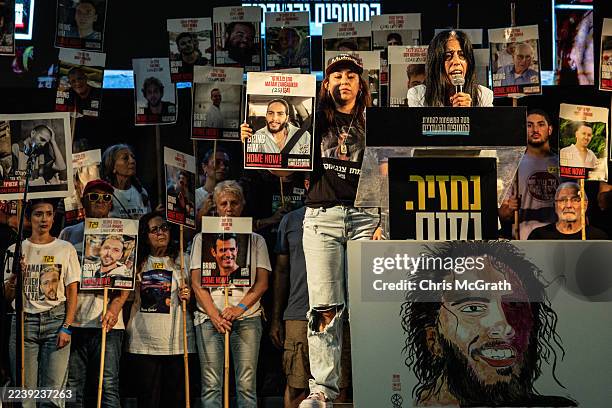 Einav Zangauker, the mother of Israeli hostage Matan Zangauker, speaks during a solidarity protest, calling for an end to the war and the release of...