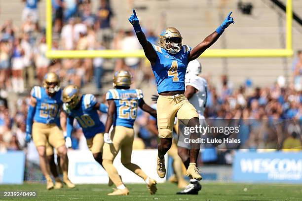 Key Lawrence of the UCLA Bruins celebrates a pass breakup against the Penn State Nittany Lions during the second quarter at Rose Bowl Stadium on...