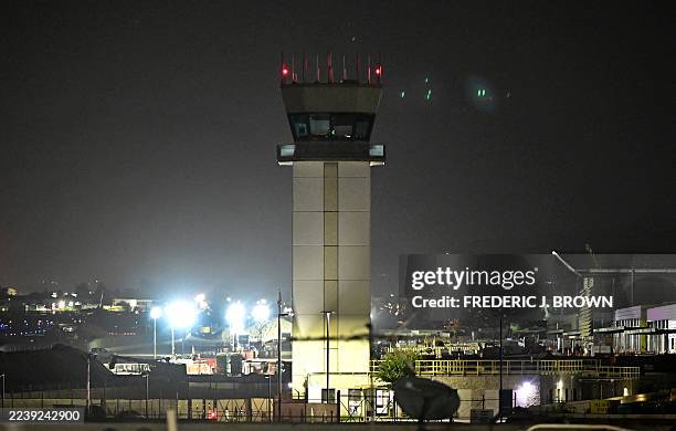 Dark and unstaffed air traffic control tower is seen at the Hollywood Burbank Airport on October 6, 2025 in Burbank, California. Hollywood Burbank...