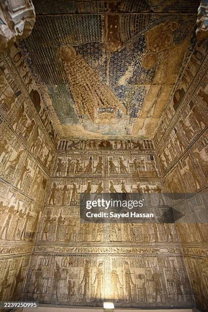 General view of the wall inscriptions in the complex of the temples of Dendera on October 4, 2025 in Qena, Egypt. Dandara, the capital of the sixth...