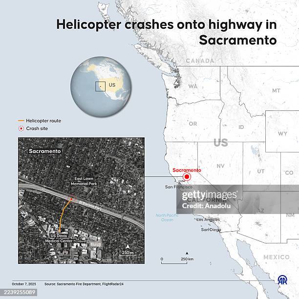 An infographic titled "Helicopter crashes onto highway in Sacramento" created in Ankara, Turkiye on October 7, 2025.
