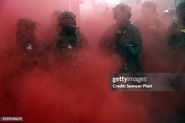 Federal agents, including members of the Department of Homeland Security, and the Border Patrol, hold back protesters while deploying a smoke grenade...