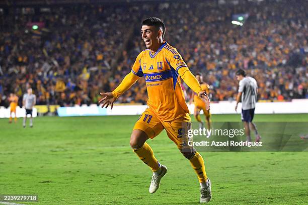 Juan Brunetta of Tigres celebrates after scoring the team's first goal during the 12th round match between Tigres UANL and Cruz Azul as part of the...