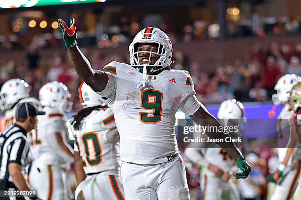 Elija Lofton of the Miami Hurricanes reacts to the crowd during the third quarter of the game against the Florida State Seminoles at Doak S. Campbell...