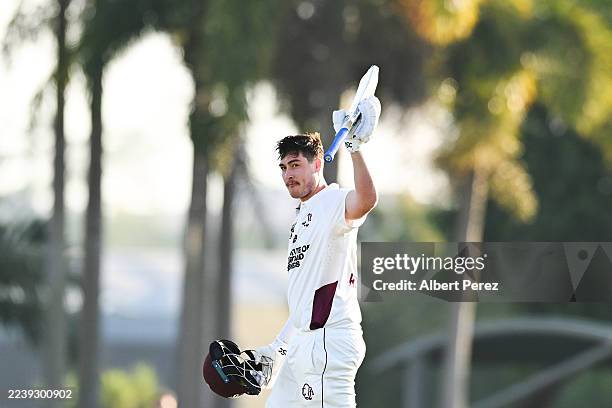 Matt Renshaw of the Bulls celebrates his century during day two of the Sheffield Shield match between Queensland and Tasmania at Allan Border Field,...