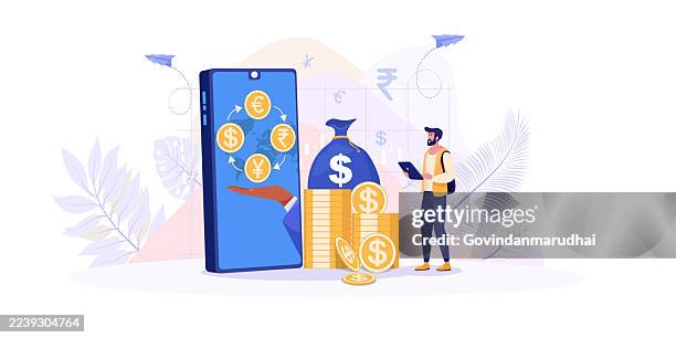 currency exchange and forex trading concept – rich businessman juggling global money coins, international money transfer, currency conversion, and foreign exchange market economy - money box stock illustrations