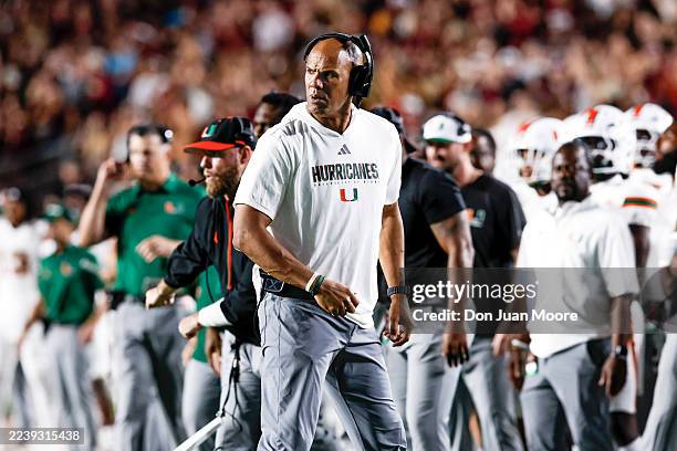 Defensive Line Coach Jason Taylor of the Miami Hurricanes on the sidelines during the first half of the game against the Florida State Seminoles at...