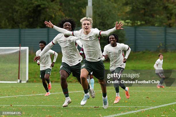 Jesse Derry of Chelsea celebrates after scoring his side's first goal during the Premier League 2 match between Burnley and Chelsea at Gawthorpe Hall...