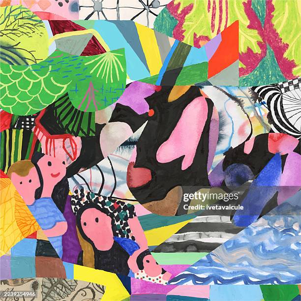 collage of abstract shapes and patterns. - oil pastel drawing stock illustrations