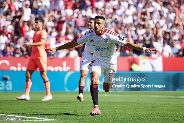 Alexis Sanchez of Sevilla FC celebrates his team’s first goal scored from the penalty spot during the LaLiga EA Sports match between Sevilla FC and...