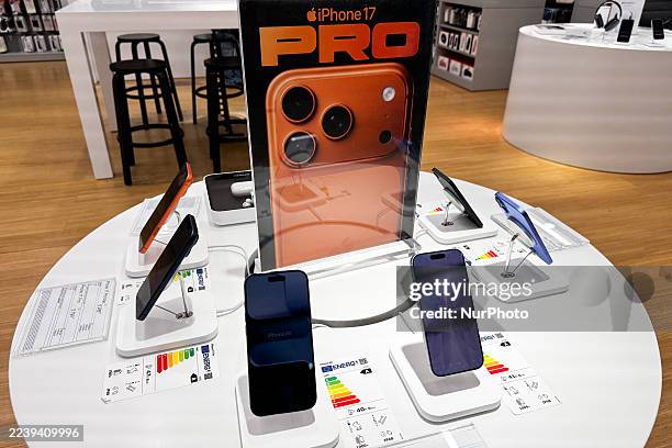 IPhone 17 phones are seen at the store in Krakow, Poland on October 8, 2025.