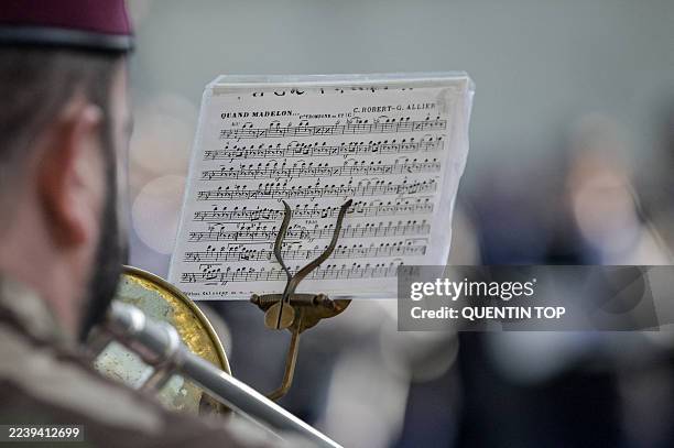 The music on his music stand during the Marseillaise in Pau, France, on October 8, 2025. Colonel Alegoet s assumption of command ceremony at the...