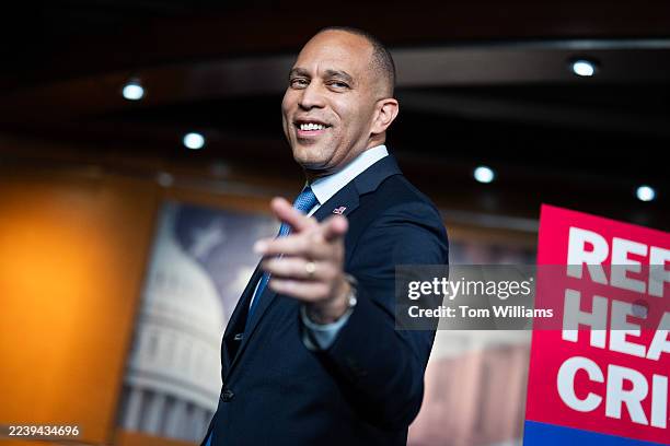 House Minority Leader Hakeem Jeffries, D-N.Y., concludes a news conference with House Democrats in the Capitol Visitor Center on the eighth day...