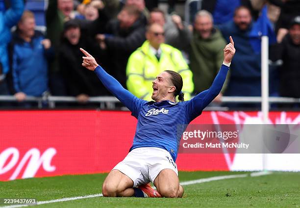 Jack Grealish of Everton celebrates scoring his team's first goal during the Premier League match between Everton and Crystal Palace at Hill...