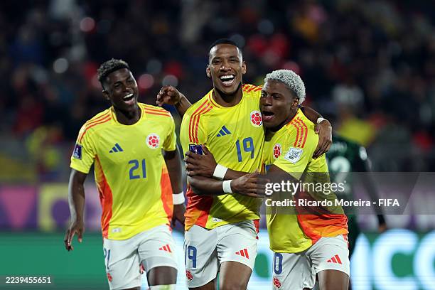 Kener Gonzalez of Colombia celebrates scoring his team's first goal with teammates during the FIFA U-20 World Cup Chile 2025 Group F match between...
