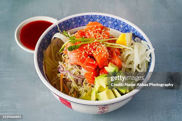 teriyaki salmon don. - salad bowl stock pictures, royalty-free photos & images