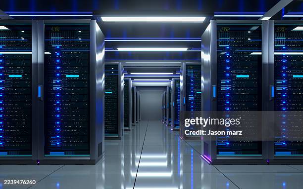 server room data storage facility with multiple server cabinets - supercomputer stock-fotos und bilder