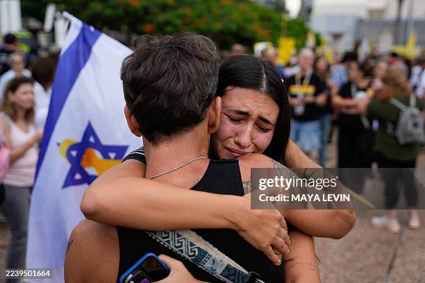 People react at Hostage Square in Tel Aviv on October 9 following news of a new Gaza ceasefire deal. Israel and Hamas on October 9 agreed a Gaza...