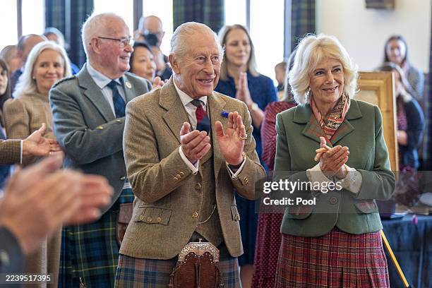 King Charles III and Queen Camilla during a visit to mark the 150th anniversary of The Albert Hall in Aberdeenshire on October 9, 2025 in Ballater,...