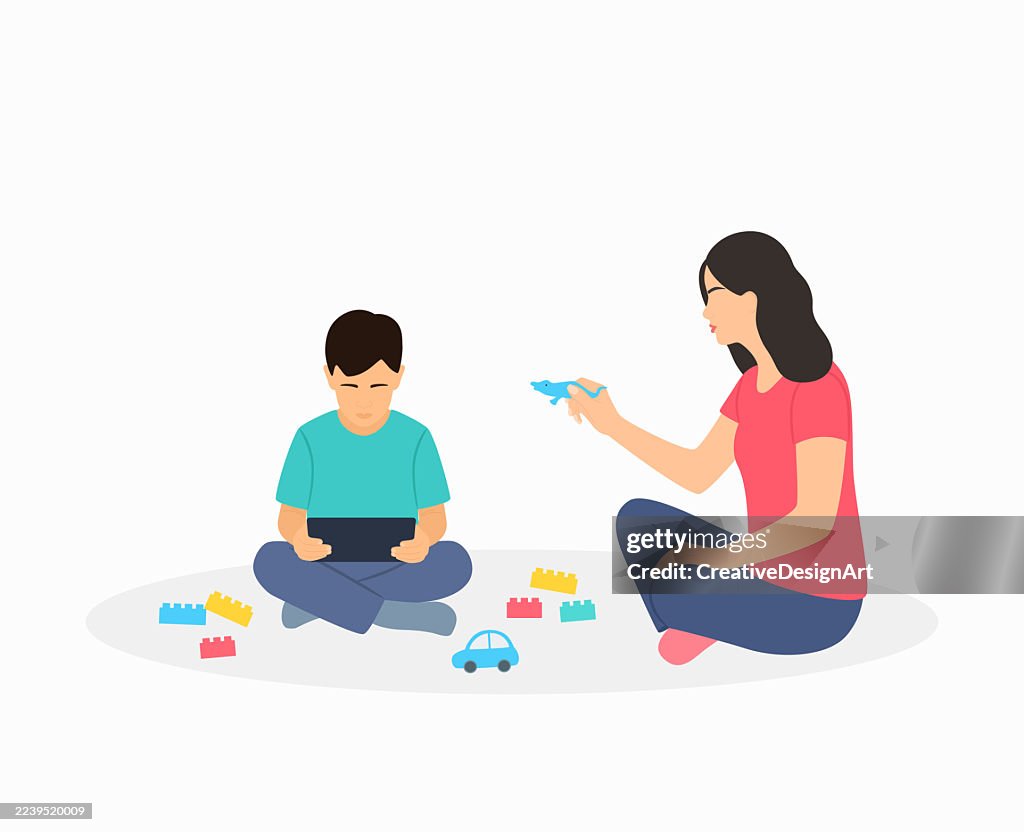 Screen Addiction Concept. Little Boy Ignoring His Mother While Using A Tablet