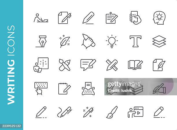 writing icon set. editable stroke weight. pixel perfect icons. - orthographic symbol stock illustrations
